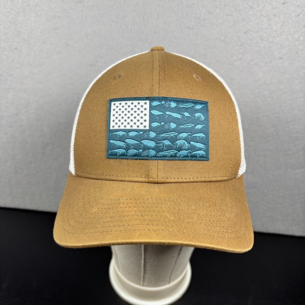 Columbia Fish USA Flag Mesh Trucker Mesh Hat Cap Flex Fit Unisex S/M Brown Tan